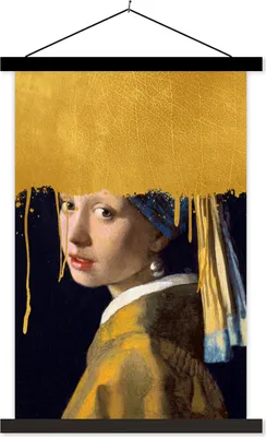 Produktbild von MuchoWow® Textilposter Mädchen mit einem Perlenohrring - Gold - Johannes Vermeer 60x90 cm mit schwarzem Rahmen - Poster Wohnzimmer