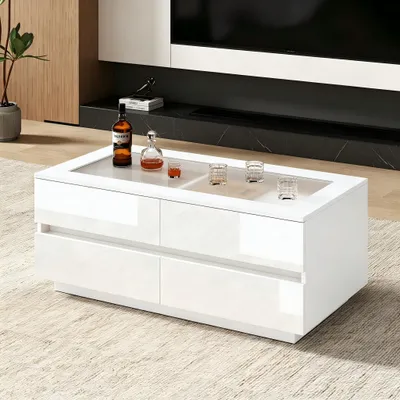 Produktbild von STILVORA Couchtisch mit 4 Schubladen und LED-Beleuchtung, Kaffeetisch mit gehärteter Glasplatte, Wohnzimmertisch Hochglanz bis 35kg Weiß