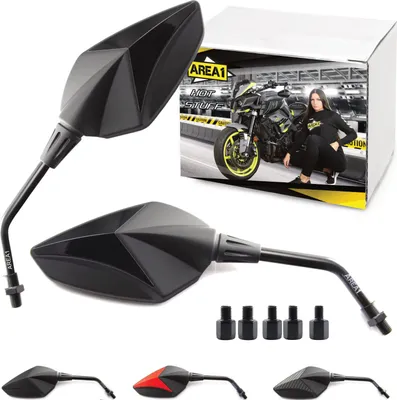 Produktbild von Area1 Premium Motorradspiegel schwarz Motorrad Rückspiegel Set (rechts+links) e- 2xM10 Rechtsgewinde. Kompatibel mit Honda Kawasaki KSR Moto