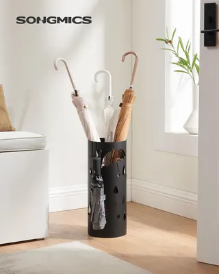 Produktbild von SONGMICS Regenschirmständer, Schirmständer, rund, aus Metall, mit 4 Haken, Wasserauffangschale herausnehmbar, 17 cm d, 41 cm H, schwarz