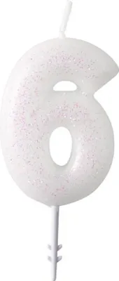 Zdjęcie produktu dla Świeczka urodzinowa Cyferki brokatowa biało-różowa 6,5cm | Cyferka 6
