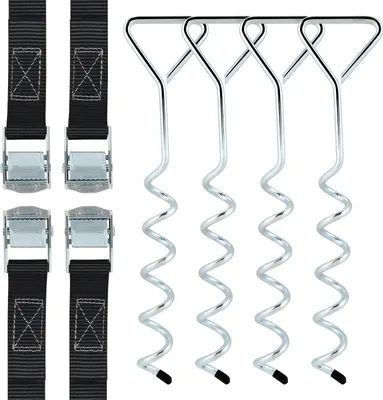 Obrázek produktu pro Jopassy 4x zemní kotva trampolína 40cm 5 otáček Nastavitelné popruhy Nerezová zajišťovací sada Zemní kotva upevnění altán zahradní domek houpačka