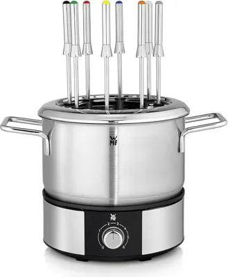 A silver electric fondue pot with a black base and a knob for temperature control. It has multiple colored fondue forks inserted in the top.