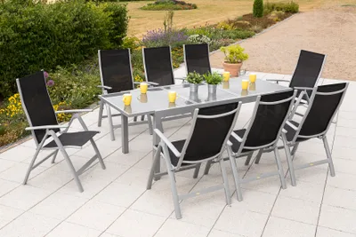 Produktbild von Merxx Gartenmöbelset "Carrara" 9tlg. mit Ausziehtisch 160/220 x 90 cm - Aluminiumgestell Silber mit Textilbespannung Schwarz