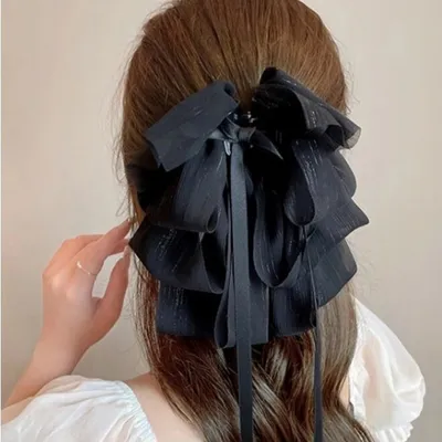 Produktbild von Große mehrlagige Tüllschleife, schwarze Haarspange XL SP335