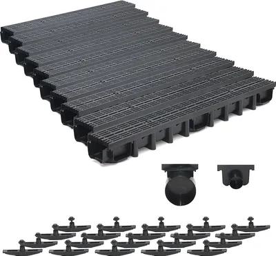 Produktbild von 10m Entwässerungsrinne für modulares System A15 98mm, komplett Stegrost Kunststoff, Schwarz Line