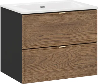 A modern bathroom vanity with a white sink and two wooden drawers with gold handles, set against a plain white background.