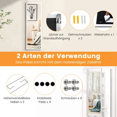 Produktbild von COSTWAY Wandspiegel Türspiegel Hängespiegel Ganzkörperspiegel mit höhenverstellbaren Hängehaken, Spiegel für Schlafzimmer, Wohnzimmer und Eingangsbereich 107x36,5cm