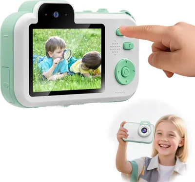 A child is holding a digital camera and smiling, while another image shows a close-up of the camera with a finger pressing a button.