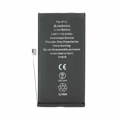 A black iPhone 13 battery with text and symbols printed on it, shown against a white background.