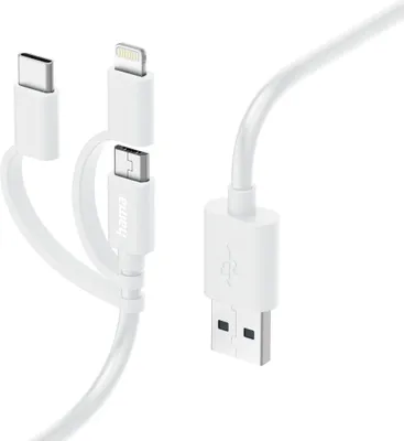Immagine prodotto di Cavo di ricarica multipla Hama 3in1, USB-A - Micro-USB, USB-C e Lightning, 1,0 m, bianco