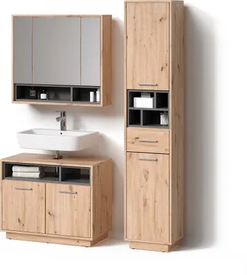 Image de Ensemble meubles bain Livinity Temo Chêne Artisan 3 pièces, avec armoire haute, Model 52798