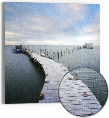 Produktbild von DEQORI Hybrid Leinwand Bild 30x30 cm 'Stiller Steg' Wandbild Glas flach modern