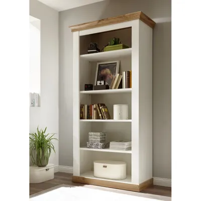 Produktbild von Landhaus Bücherregal LINARES-61 in Pinie weiß / Wotan Eiche Nb. mit 6 Fächern - B/H/T ca.: 102/204/44 cm