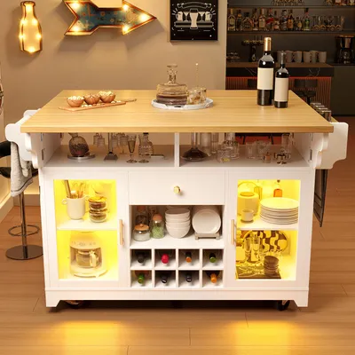 Obrázok produktu pre Servírovací vozík STILVORA s RGB LED osvetlením a výklopnou pracovnou doskou, kuchynský vozík s nastaviteľnými poličkami, mobilný regál na víno s úložným priestorom