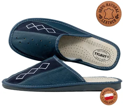 Productafbeelding van Heren slippers, leer, donkerblauw, geborduurd, handgemaakt, maat 41