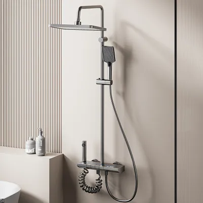 Produktbild von Duschset aus Aluminium mit Digitalanzeige, Klavierknopf Regendusche im Set, Badezimmer Booster Duschkopfsystem mit Wandhalterung Duschsystem eckig