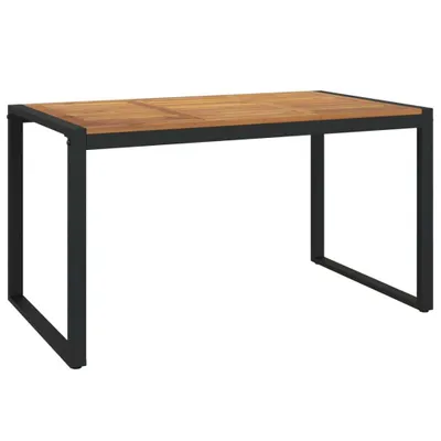 A product shot of a rectangular wooden table with black U-shaped legs, isolated on a white background.