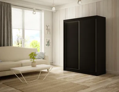 Image de Armoire Saturn 200 cm avec 2 portes coulissantes, tringle à vêtements, penderie, armoire, livraison à domicile (couleur : noir)