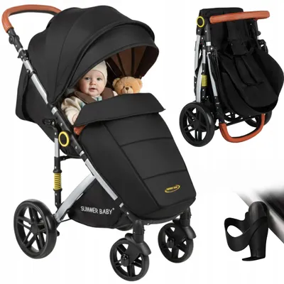 Zdjęcie produktu dla Wózek dziecięcy Summer Baby Sempre czarny z osłoną przeciwdeszczową i śpiworkiem