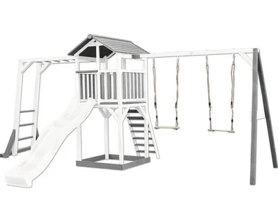 Immagine prodotto di AXI Beach Tower parco giochi in legno in grigio e bianco | Torre di gioco con sabbiera, struttura per arrampicarsi, doppia altalena e scivolo bianco | Casa per bambini su palafitte per il giardino