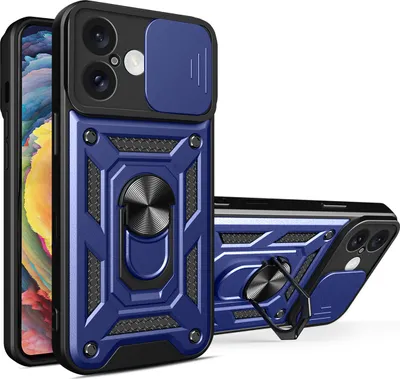Produktbild von Hybrid Armor Camshield Hülle für iPhone 16 mit Kameraabdeckung & Standfunktion - Blau