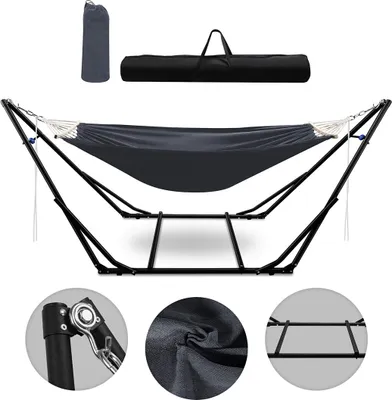 Produktbild von Izrielar Hängematte mit Gestell, Dunkelgrau Sonnenliege, Metall Faltbar Hängematte Mit Tragetasche Belastbarkeit 150kg Indoor Outdoor