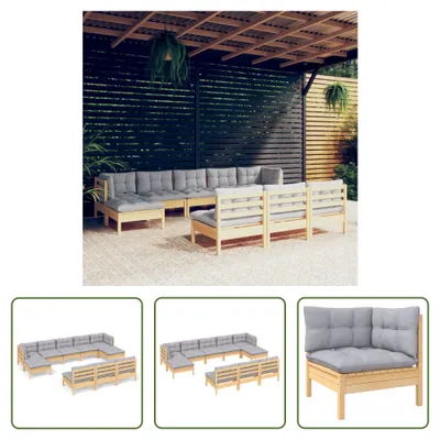 Produktbild von The Living Store 10-tlg. Garten-Lounge-Set mit Grauen Kissen Kiefernholz