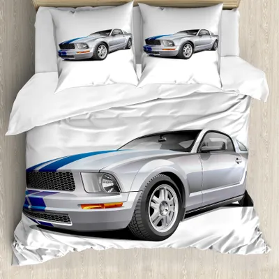 Produktbild von ABAKUHAUS Teen Zimmer Bettbezug, Kühle Speed Car, Milbensicher Allergiker geeignet mit Kissenbezügen, 155 cm x 220 cm - 80 x 80 cm, Grau Blau