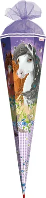 Produktbild von ROTH Schultüte groß Blumenpferde Glitter 85 cm eckig Rot(h)-Spitze Tüllverschluss Zuckertüte Schulanfang
