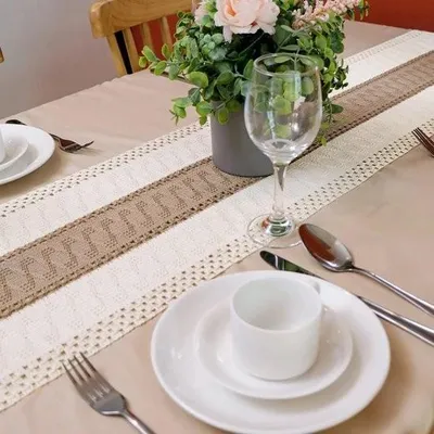 Obrázek produktu pro Běhoun na stůl v boho stylu - Bavlněný a jutový běhoun na stůl s třásněmi - 30 x 240 cm - Dekorace na stůl ve venkovském stylu - Ibiza style