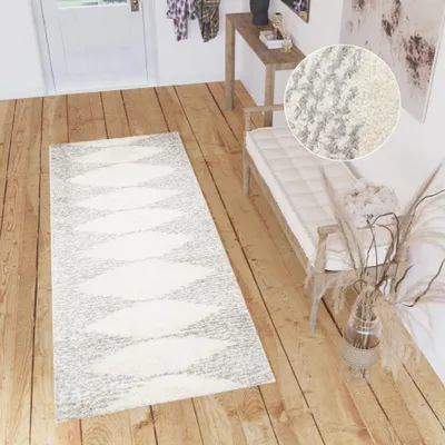 Image de Tapis de sol Shaggy à poils longs Crème Gris Moderne Salon Chambre 80 x 300 cm