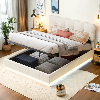 Immagine prodotto di Letto imbottito Fortuna Lai con illuminazione a LED e contenitore, 140x190 cm, con rete idraulica, testata con rivestimento in velluto, beige, senza materasso