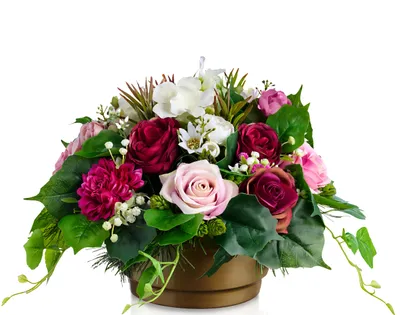 Produktbild von Grabtopf mit künstlichen Rosen in Pink Rosa 30cm breit | runder Topf mit Beschwerung stabil | realistisch EU Handmade | für Friedhof, Innen und Außen