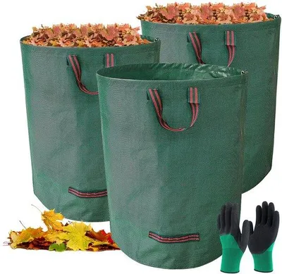 Produktbild von Gartenmüllsäcke 3er Set 272L mit Gartenhandschuhen, stehender Blätterbeutel, Gartenbeutel mit Griffen, faltschlagbare Müllsäcke für Gartenmüll, Laubmüll