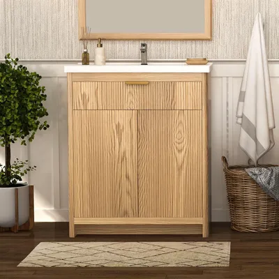Obrázok produktu pre Umývadlová skrinka s umývadlom, rozmery 60x47x90 cm, keramika, biela farba, zásuvky, industriálny štýl