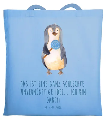 Produktbild von Mr. & Mrs. Panda Shopping Tasche Pinguin Lolli - Sky Blue - Geschenk, Jutebeutel, Jutetasche, Tote Bag, Schultasche, Unvernünftig, Tragetasche, Süßigkeiten, Rabauke
