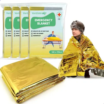 Imagen del producto de Kit de mantas aislantes, 4 unidades, 160 x 210 cm, de PET y aluminio, para emergencias