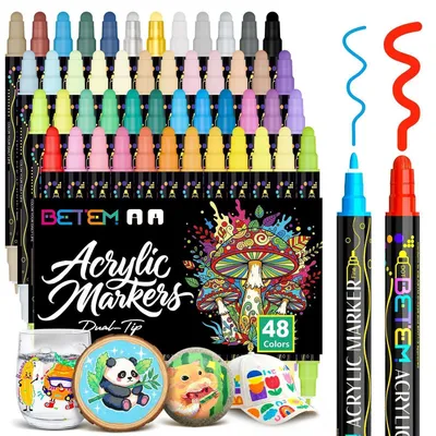 Immagine prodotto di Set di pennarelli acrilici, 48 colori, punta doppia, resistenti all'acqua, adatti per pietra, legno, vetro e Vetroceramica
