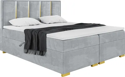 Produktbild von MEBLINI Boxspringbett mit Bettkasten - Gepolstert Doppelbett mit Matratze und Topper - Polsterbett mit Stauraum - Bett mit Kopfteil - Stauraumbett - Antonio Gold - 180x220 - H3/Hellgrau Samt