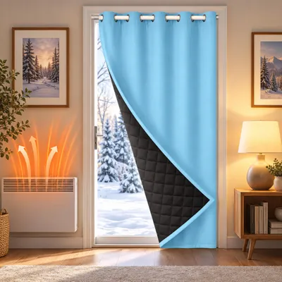 Immagine prodotto di 110x203 cm, tenda per porta termica blu, oscurante, protezione dal freddo, tessuto termico da 405 GSM, impermeabile, opaca, con passanti, cordoncino per la regolazione, tenda per porta