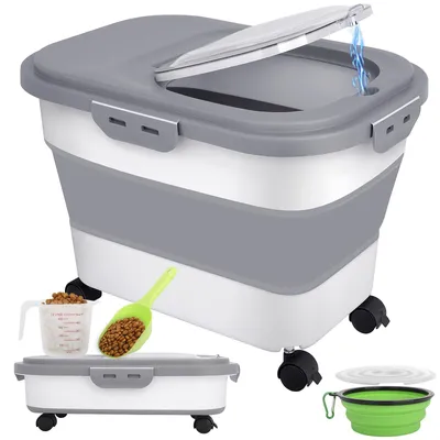 Imagen del producto de Elzusha - Contenedor plegable para comida de mascotas, de 7 a 10 kg, con ruedas y paleta
