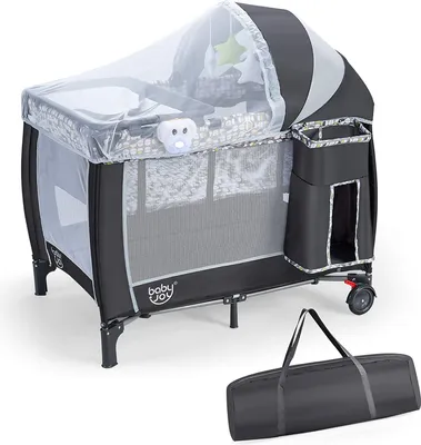 Produktbild von Babybett klappbar, Kinderreisebett Reisebett mit Rollen Moskitonetz & Spielbogen, Kinderbett mit Tragetasche Wickelauflage Aufbewahrungsbox, bis 15 kg belastbar, Für Kinder von 0-3 Jahren