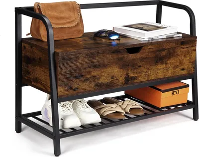 Produktbild von Flur Sitzbank mit Stauraum - Schuhbank - Klappdeckel - 84 cm - Vintage Stil - MDF & Eisen - Montage erforderlich - Für Flur, Schlafzimmer, Diele