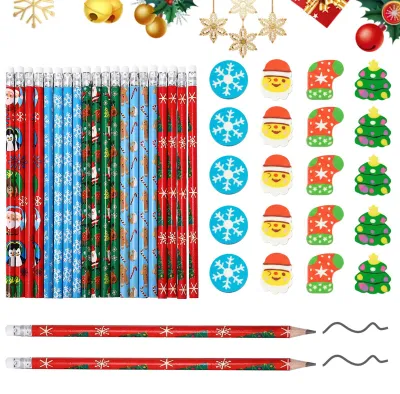 Productafbeelding van Set van 20 kerstpotloden met gummetjes en 20 kerstgummetjes