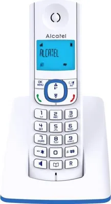 A white Alcatel cordless phone with a blue base and blue accents on the handset, displayed on its charging base.