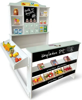 Produktbild von Kaufladen Pit Kinder Kaufmannsladen aus Holz, Verkaufsstand, Theke, Tafel, Seitentheke, Schublade Marktstand als tolles Geschenk LxTxH: ca. 93 x 96 x 120 cm Farbe: Grün