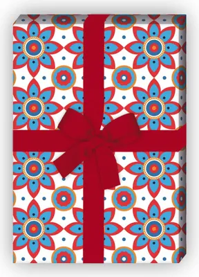 Produktbild von Sternen Blüten Geschenkpapier im Retro Stil der 70er, hellblau - G8224, 32 x 48cm