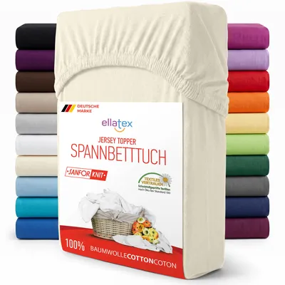 Produktbild von EllaTex Jersey Topper Spannbettlaken 180x200–200x200 Baumwolle – weich, elastisch & atmungsaktiv, Spannbetttuch für Topper, in Farbe: Creme