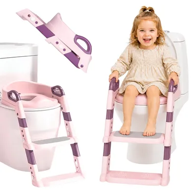 Image de Réducteur WC enfant avec marche rose antidérapant pliable réglable pour apprendre à utiliser les toilettes